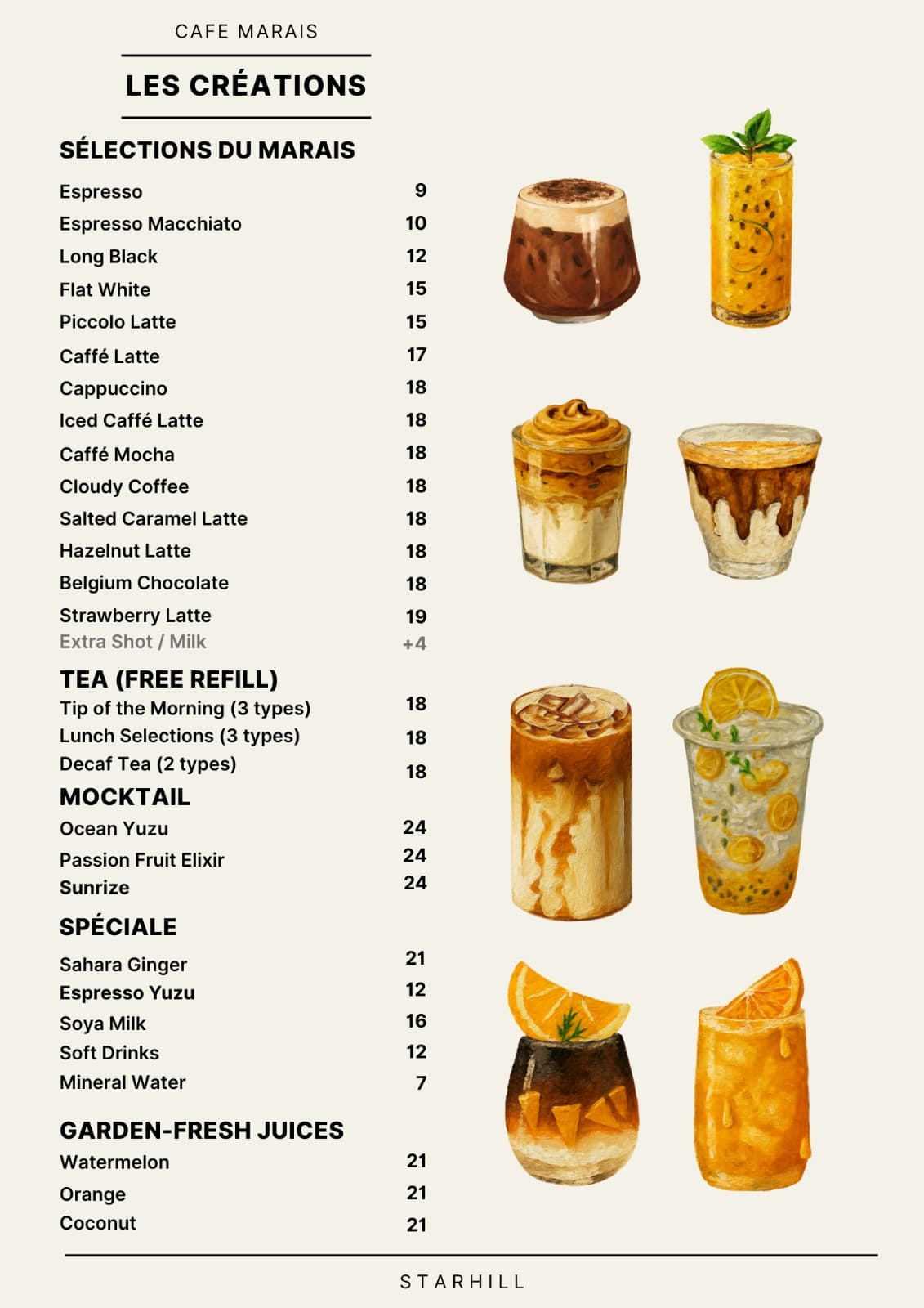 Watercolor illustrations of the Café Marais drinks menu